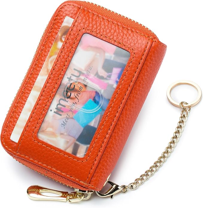 imeetu RFID Credit Card Holder, Small Card Wallet Women, Leather Card Case | Genuine Leather Women's Card & id Cases, Change Coin Purse with Zipper Keychain id Window, 20 Colors & 3 Styles, Daily, Gifts