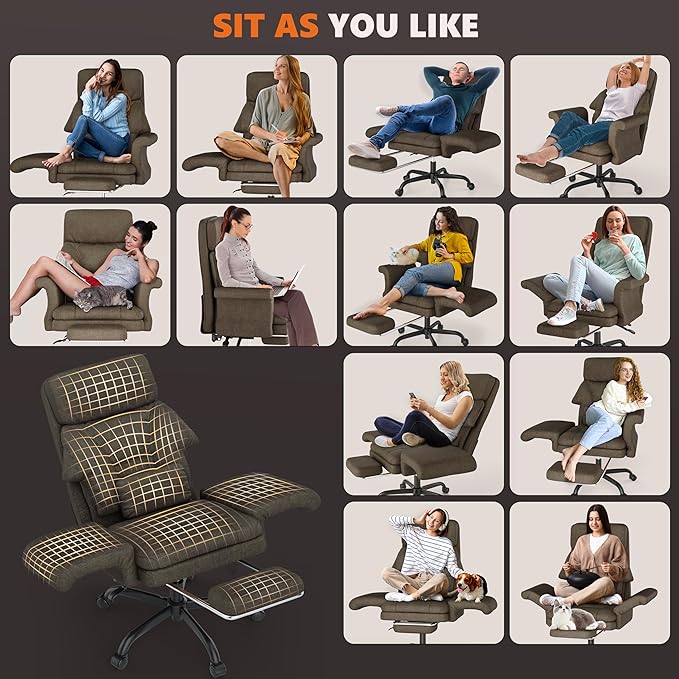 ELABEST C39 Cross Legged Office Chair with Footrest & Convertible Armrests-Pet-Friendly Criss Cross Home Desk Chair, Ergonomic Recliner with Lumbar Pillow,Big and Tall Executive Chair