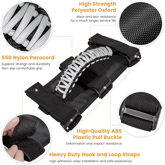 4 x Roll Bar Grab Handles Grip Handle for Jeep Wrangler JK JKU JL JLU TJ YJ Sports Sahara Freedom Rubicon Unlimited Gladiator JT 1955-2023 UTV ATV Premium 550 Paracord Interior Accessories (Gray)