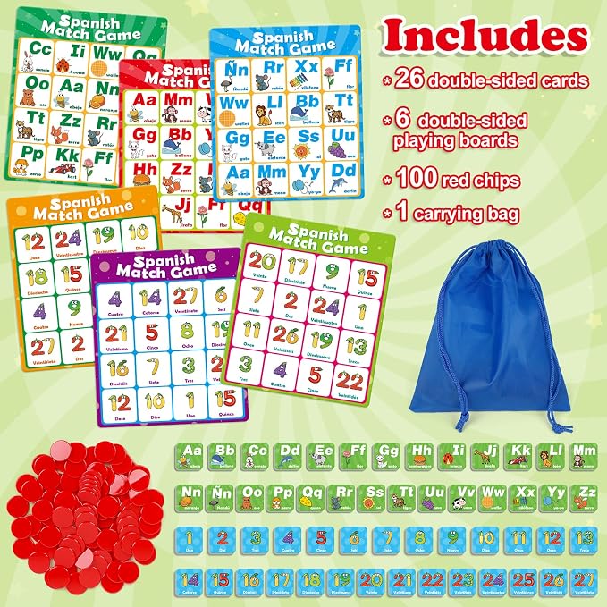 Quilinz Spanish Alphabet Bingo Games,Letter/Number/Sight Word for Kindergarten,ABC and 123 Bingo Board Match Games for Kids 4-6,Learn Spanish Flash Cards,Toddler Educational Toys