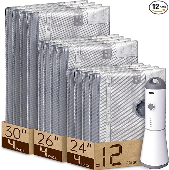 Vacbird 12 Pack Vacuum Bags for Travel with Rechargeable air Pump, Carry-on Size Vacuum Seal Bags for Luggage and Suitcase Compression, Space Saver for Clothes and Clothing Travel | See Contents Easily with Transparent Bags, 1500mAh Pump Compresses 90+...