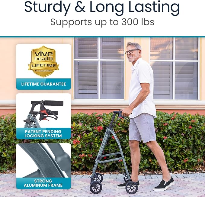 Vive Mobility Lightweight Walker for Seniors - Narrow, Folding Walker | W/Wheels for Small & Tight Spaces - Light Weight for Balance, Compact Doorways, Foldable - Portable & Collapsible for Travel