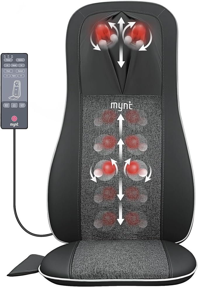 Mynt Shiatsu Neck and Back Massager with Heat, 3D Kneading Full Back Massager for Pain Relief Deep Tissue, Foldable Adjustable Chair Massager for Home Office, Christmas Gift for Dad Mom, Black