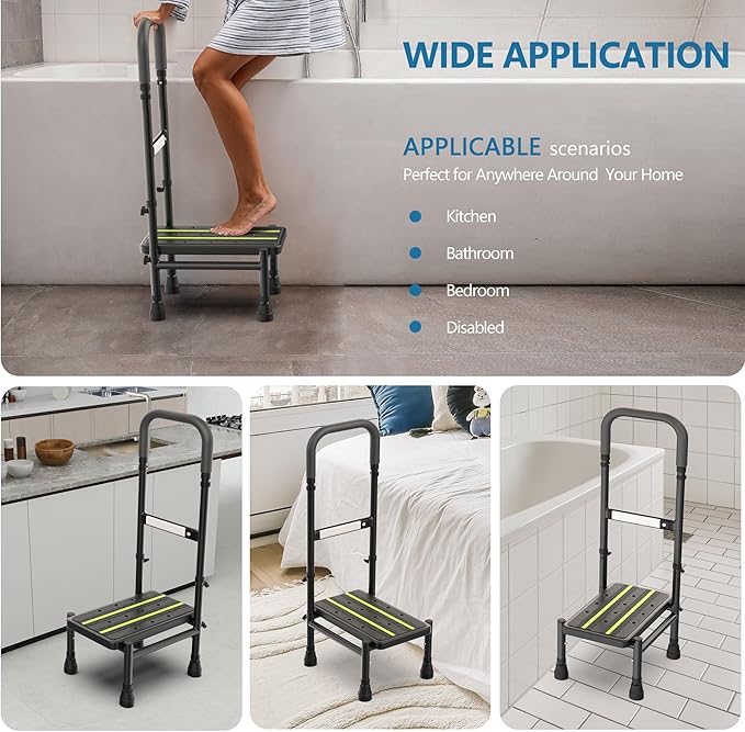 Step Stool with Handle for Elderly Adults, Adjustable Handrail & Leg, Sensor Light, Medical Stepping Stools for High Bed Mobility & Daily Living Aids, Bedside Car Stair Lift for Senior 350lbs