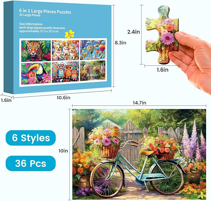 6 Packs 36 Pieces Large Puzzles for Seniors,Dementia Puzzles for Elderly Adults,Jigsaw Puzzles for Adults Seniors with Alzheimer's Dementia with 3 Storage Bags(Animals