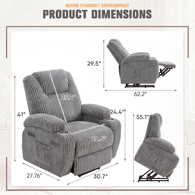 Flamaker Power Lift Recliner Chair Electric Lift Recliner for Elderly | Power Lift Recliner Chair with Cup Holders Side Pockets for Living Room (Corduroy, Dark Gray)