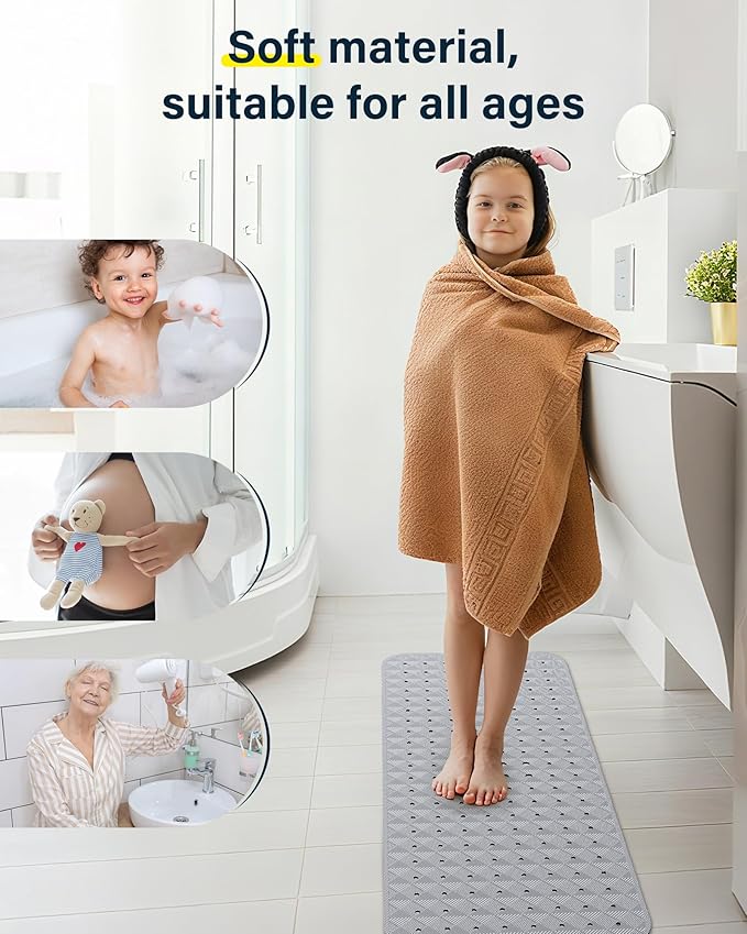 Non Slip Bathtub Mat for Tub & Shower, Machine Washable 40"x16" Anti Slip Bath Mat with 2 Hooks, Soft & Comfortable and Extra Large for Families, Grey