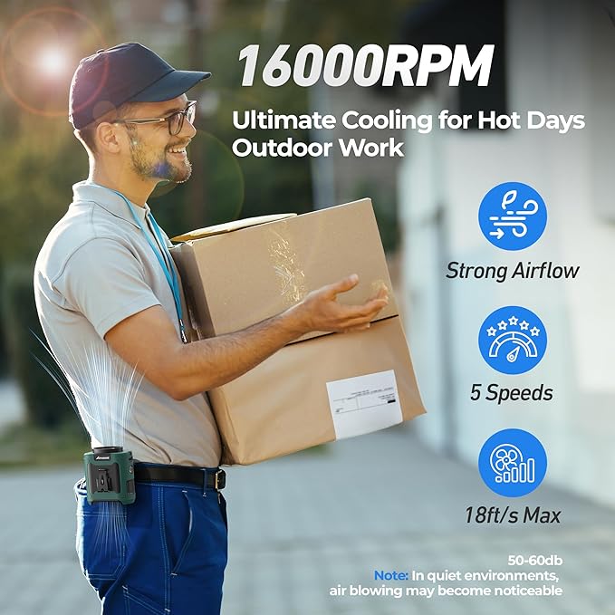 AMACOOL Portable Waist Fan Clip On, 10000mAh Wearable Shirt Fan with Light | MAX 40H Work Time, 16000RPM Powerful 5 Speeds Belt Fans Personal Cooling Fans, Gifts for Men Women Outdoor Jobsite Travel
