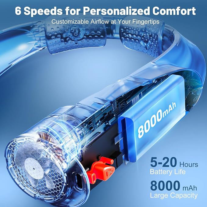 Portable Neck Fan with 6 Powerful Speeds, 8000mAh Battery Rechargeable Fan | 20H Runtime Long Lasting, Hands-Free 360° Cooling Personal Wearable Neck Fan, Gift for Women Men Travel Concerts