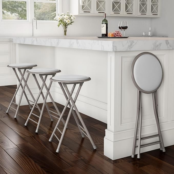 Lavish Home Folding Stool with Padded Backless Seat Set of 4, White, 24” | Counter Height Bar Stools with 225lb Capacity, Portable Indoor & Outdoor, Extra Seat for Kitchen, Rec Room or Camping