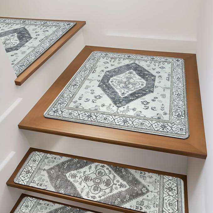 OJIA Stair Treads for Wooden Steps Non-Slip Landing Mat Stair Rug 31"X31" | Rubber Backing Stair Runner Matching Mat Safety Rugs for Family, Absorbent Washable Gray Carpet for Stairs