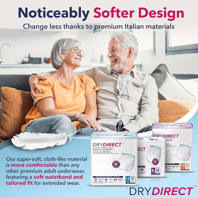 Dry Direct Super Overnight Underwear, Soft Cloth-Like Adult Diapers, Overnight Disposable Incontinence Protection - Large (Pack of 14)