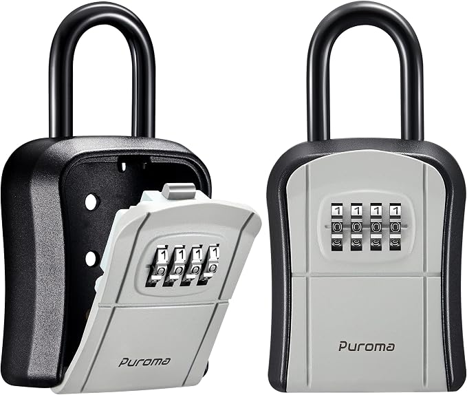Puroma Key Lock Box Outdoor 4 Digit Code Combination Lockbox House, 2 Gray | For Contractors Guest Realtor Storage Keys, Portable, Home Wall Mount, Resettable, Combination, Weatherproof, High-capacity