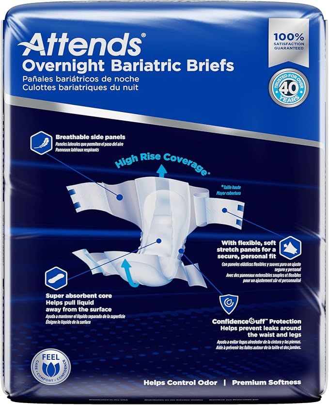 Attends Bariatric Incontinence Disposable Briefs, 5X-Large, Up to 115" Waist with Tab Closures, Ultimate Absorbency, Dry-Lock Containment Core and ConfidenceCuff Leakage Protection, 5XL 8ct Bag