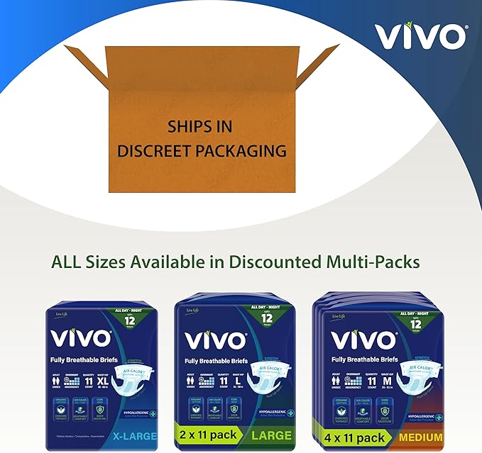 VIVO Organic Cotton Overnight Sensitive Skin Adult Incontinence Diaper Briefs with Tabs, Medium 11 Count