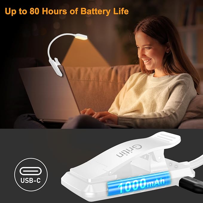 Gritin 16 LED Rechargeable Book Light for Reading in Bed | Eye Caring 3 Color Temperatures, Stepless Dimming Brightness, 80 Hrs Runtime, Lightweight Flexible Clip on Light-White