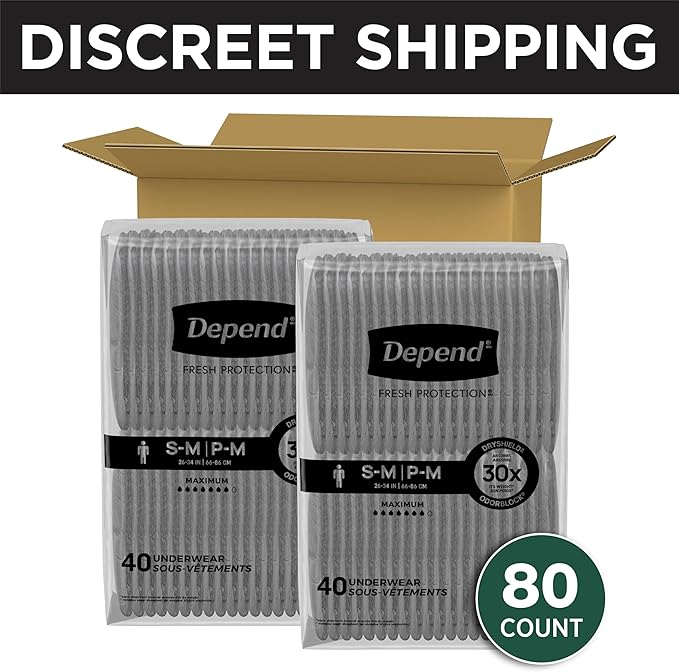 Depend Fresh Protection Adult Diapers, Incontinence Underwear for Men, Disposable, Maximum, Small/Medium, Grey, 80 Count (2 Packs of 40), Packaging May Vary