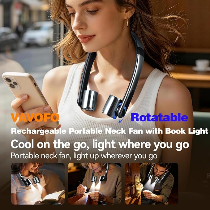 VAVOFO Portable Neck Fan with Book Light, Hands Free Wearable Cooling Fan | 6000mAh Rechargeable, 3 Speeds, 250° Adjustable, Ideal Gift for Reading, Travel, Office, Hiking, Fishing & Sports