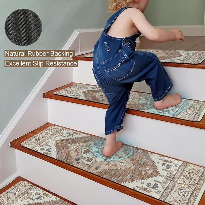 OJIA Non-Slip Stair Treads for Wooden Steps 15PC 30"X8" Indoor Stair Runner | Slip Resistant Stair Runners Stair Rugs Safety Mats for Dogs, Kids & Elders, Rubber Backed Stair Treads Stair Covers