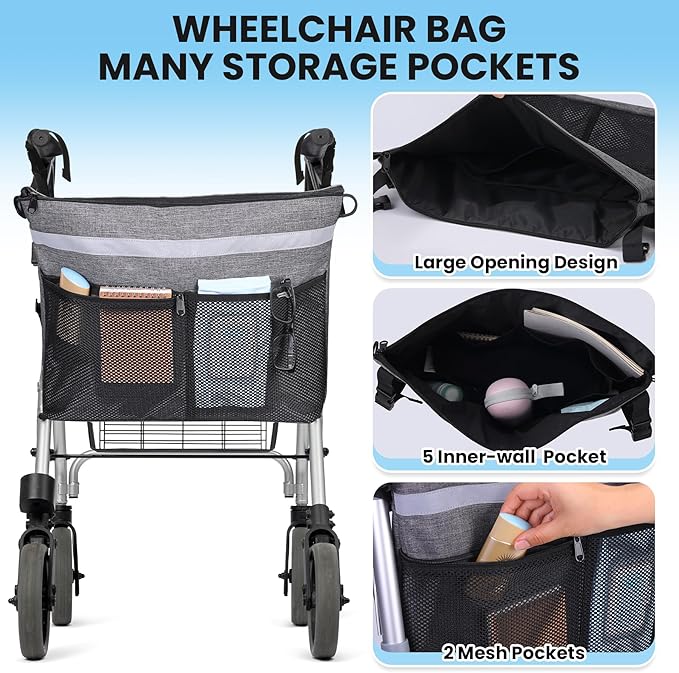 Wheelchair Accessories - Accessible Storage Bag with Multiple Pockets & Zipper Design, Perfect for Seniors and Adults, Wheelchair Backpack to Hang on Back