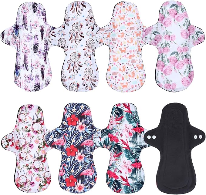 7pcs Pack Reusable Washable Cloth Incontinence Pads Including 6pcs Heavy Flow Bamboo Charcoal Reusable Menstrual Pads Cloth Mama Sanitary Pad + 1pc Mini Wet Bag