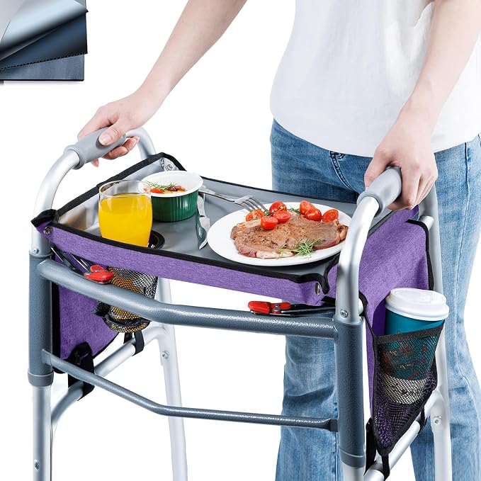BAGSFY Walker Tray with Cup Holder & Side Pocket – Hard Top Walker Table for Seniors – Folding Walker Accessory for Meals, Reading, Drinks – Non-Slip Surface, Tool-Free Install, Universal Fit