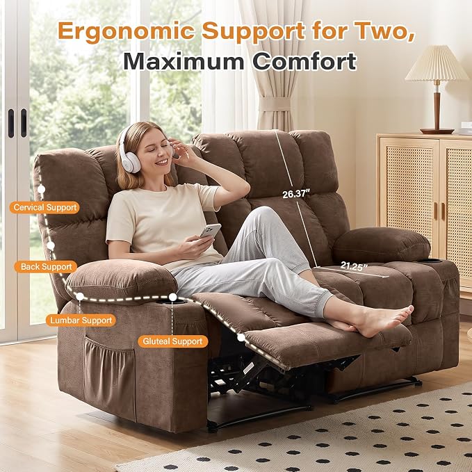 Oversized Fabric Reclining Loveseat Sofa for Living Room with Cup Holders | 2-seat recliner sofa with side pockets, padded seats and adjustable footrests for home theater, family room and relaxation