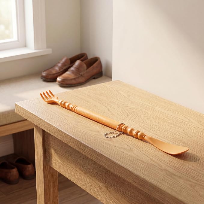 2pcs 2-in-1 Shoe Horn Long Handle and Back Scratcher for Seniors, Extra Long Durable PP Plastic Shoehorn with Vintage Bamboo Finish, Mobility Aid Shoe Helper for Disabled, Post-Surgery Recovery