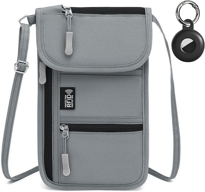 RFID Blocking Passport Holder for Travel with Tracker Case, Neck Wallet with Adjustable Lanyard 6 Compartments Pouches Passport Wallet for Family (Grey)