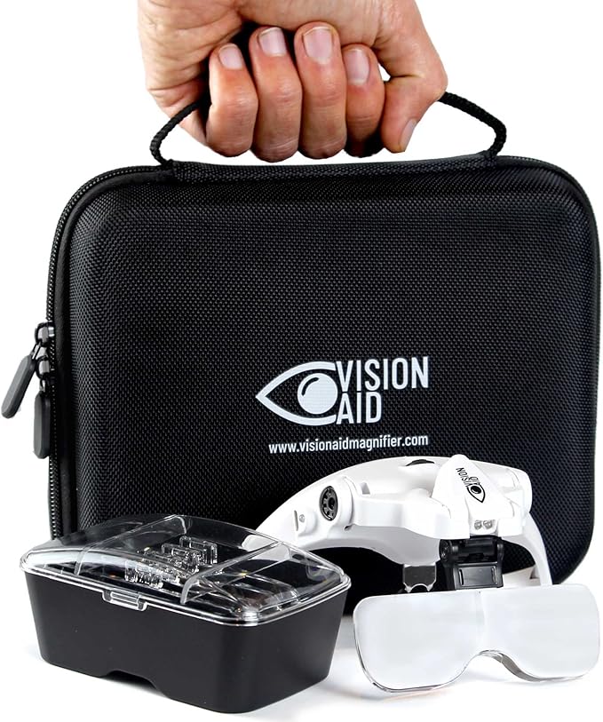 Vision Aid Magnifying Glasses with LED Light, 5 Lenses, Headband, Storage Case | Hands Free Lighted Head Mount Magnifier for Hobby Crafts Macular Degeneration Cross Stitch Diamond Painting Close Work
