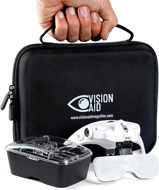 Vision Aid Magnifying Glasses with LED Light, 5 Lenses, Headband, Storage Case | Hands Free Lighted Head Mount Magnifier for Hobby Crafts Macular Degeneration Cross Stitch Diamond Painting Close Work