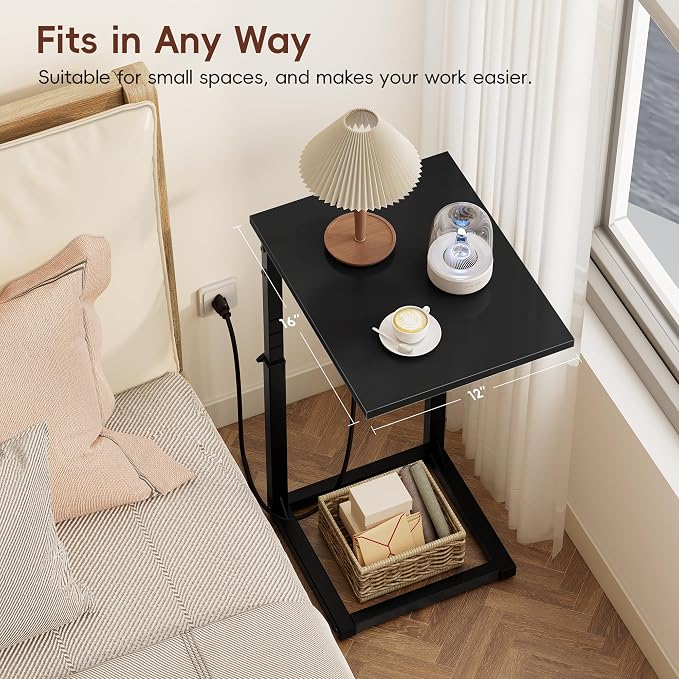 C Shaped End Table with Charging Station, 33"Tall C-Table End Table Adjustable Height Side Table for Couch, Couch Table That Slide Under Sofa Table TV Tray Table for Living Room,Bedroom,Black