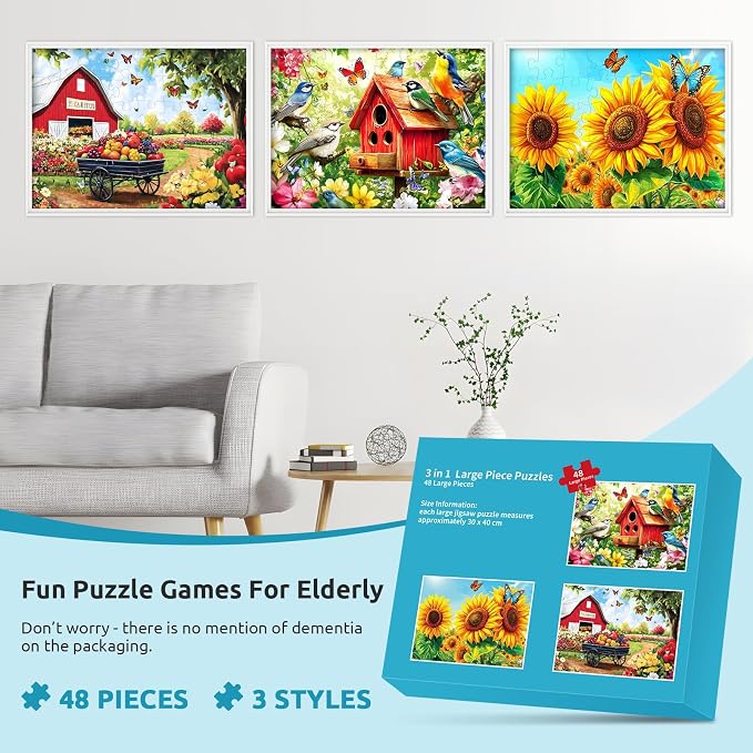 3 Pack 48 Large Piece Puzzles for Seniors, Dementia Alzheimer's Products Activities for Elderly Adults,Alzheimer’s Puzzle Memory Cognitive Games Easy Jigsaw Puzzle Gifts with 3 Storage Bags