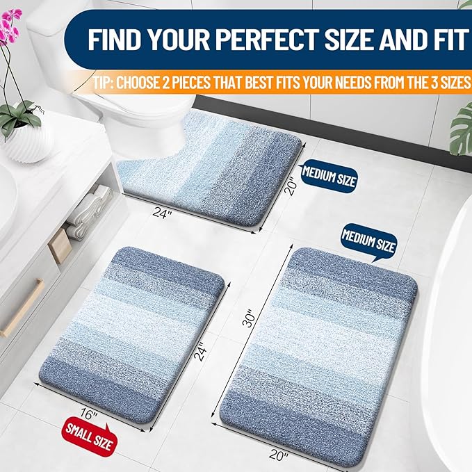 OLANLY Bathroom Rug Set 2 Piece, Soft Absorbent Microfiber Bath Mats and U-Shaped Contour Toilet Rug, Non-Slip, Machine Wash Dry, Plush Shaggy Bath Mats for Bathroom (30"x20"+U24 x20, Blue)