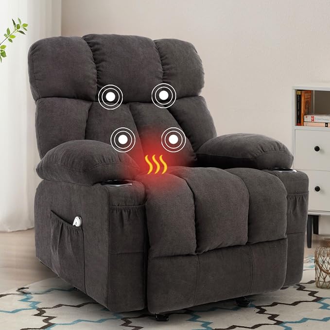 Massage Rocker Recliner Chair with Heat and Vibration Ergonomic Rocking Lounge Chair for Living Room Comfy Overstuffed Recliner with 4 Side Pockets, 2 Cup Holders, Black