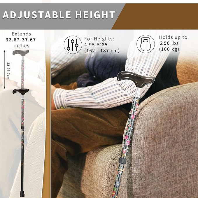 Stylish Foldable Walking Cane - Pattern Printed, Adjustable, for Men and Women Stability and Balance, Light Weight, for 5'~6' Height