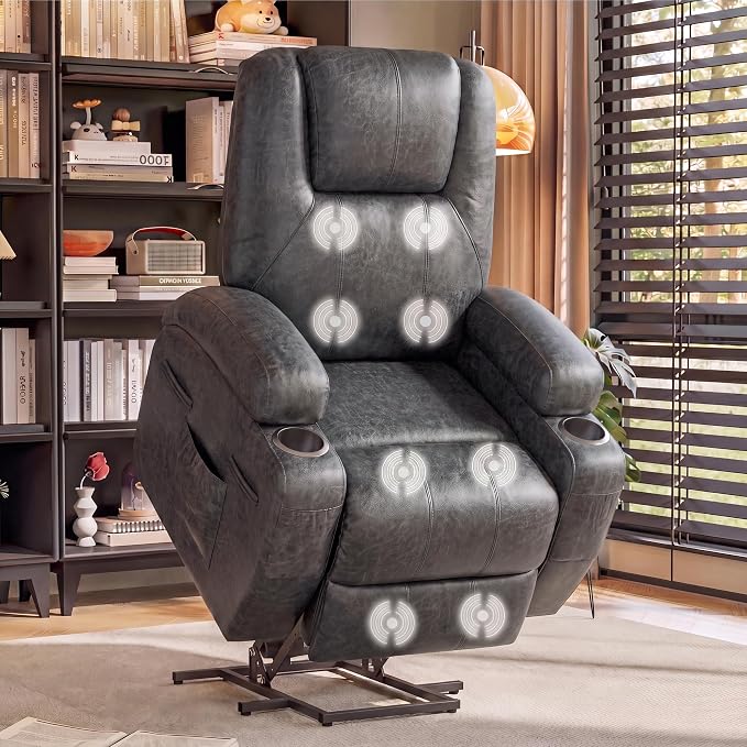 Flamaker Power Lift Recliner Chair Electric Lift Recliner for Elderly | Power Lift Recliner Chair with Cup Holders Side Pockets for Living Room (Leathaire, Light Black)