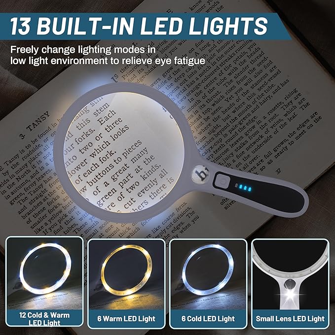 Large Magnifying Glass with Light: 10X 30X 5IN Lighted Handheld Magnifier with 13 LED Lights 3 Modes, 1150mAh Rechargeable Magnifying Lens Gift for Seniors Reading Coins Close Work-White+Black