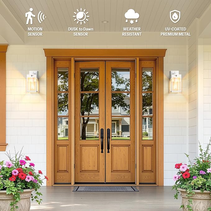 Gleamz 2-Pack Motion Sensor Outdoor Light Fixtures Wall Mount, Waterproof | Modern White Dusk to Dawn Exterior Wall Lantern for House Front Porch, Waterproof Outdoor Sconce Lights for Garage, Coach
