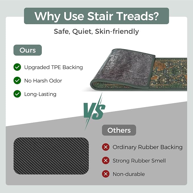SARBEN 8"x30" Non Slip Stair Treads for Wooden Steps 15 Pack, Green Tiger | Peel and Stick Carpet Stair Runner with TPE Adhesive Backing, Carpet for Added Safety, Pet and Senior Friendly
