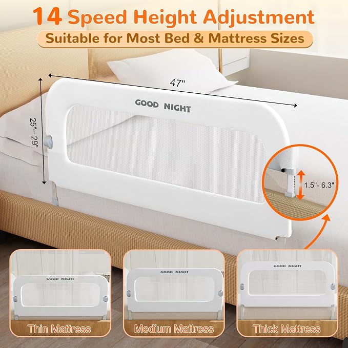 Bed Rail for Toddlers, 47 Inch Toddler Bed Rails, Bed Rail for Baby(White) | Adjustable Heights, Folding up Portable, Safe Metal Frame, For Baby, For Crib, Twin, Bunk, Full Size, Queen & King Bed