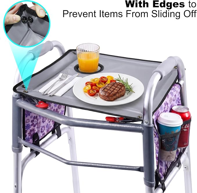 Walker Tray for Folding Walker with Cup Holder, Detachable Tray for Walker, Walker Accessories for Senior with Non-Slip Mat, Universal Fit for Meals, Drinks, Reading,Laptop (Purple with Side Pockets)
