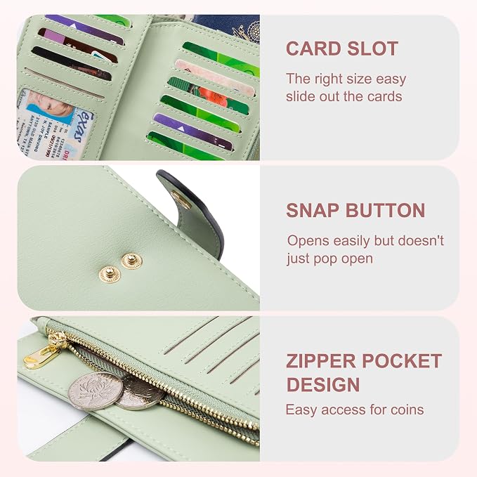 yiijay Wallets for Women RFID Blocking Leather Trifold Clutch Wallet Credit Card Holder Ladies Travel Wallet Purse with Passport/Pen Holder