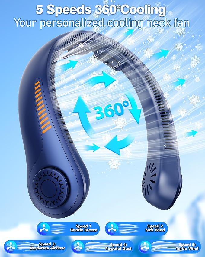 Portable Neck Fan - Rechargeable Personal Fan with Neck Support, 5000mAh, 5-Speed Quiet, Lightweight Long Lasting Bladeless Fan, Wearable Cooling Fan for Hot Flashes, Travel, Gifts for Men Women