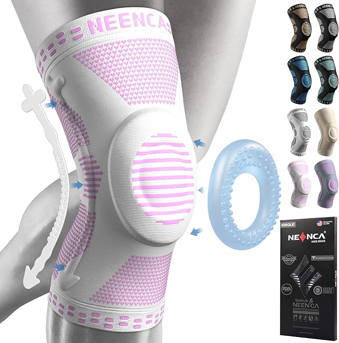 NEENCA Professional Knee Brace for Pain Relief, Medical Knee Support with Patella Pad & Side Stabilizers, Compression Knee Sleeve for Meniscus Tear, ACL, Joint Pain, Runner, Workout (Pink White, L)