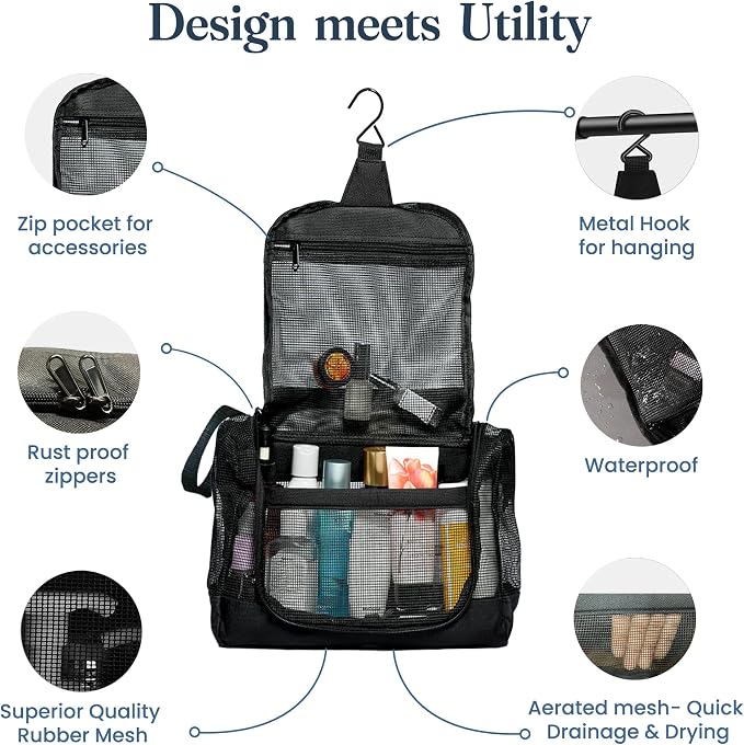 The Fine Living Portable Latex Mesh Shower Caddy Bag Hanging Black 12x3x8” | Gym Shower Caddy Tote bag, Hanging Organizer with Metal Hook, Dorm Room Essentials, Travel Toiletries, Camping RV Essentials