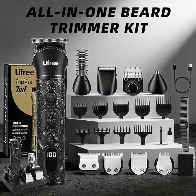 Ufree 7-in-1 Beard Trimmer for Men, Electric Razor Shaver, Men Grooming Kit | 1-10 mm Adjustable Comb for All Mustache Lengths, Type-C, LED Display, Versatile Use on Sideburns, Body, Nose Hair, Men Gift