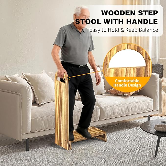 Wooden One Step Stool with Handle, 5" Height Wooden Step for Bathroom/Kitchen, Solid Wooden Step with trapezoidal feet for Elderly, Adults, Kids to Get in & Out of Bed Easily(440LBs Capacity)