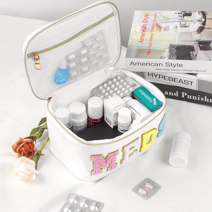BuyCard Medicines Chenille Letter Bag Nylon Meds Makeup Pouch Preppy Path with Zipper and Handle Cosmetic Toiletry Storage Purse for Women White