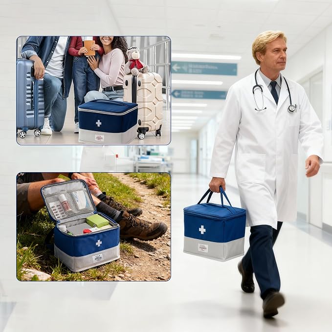 Travel Medicine Bag Organizer, Portable Medical Bag Empty, for Home, Travel, Camping, Car, Hiking & Outdoor Emergencies, Emergency Medical Kits (Blue)